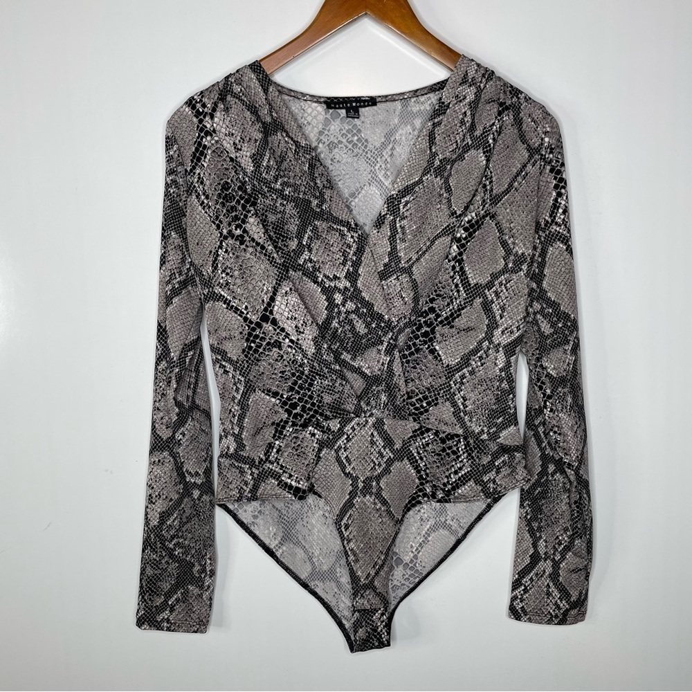 Haute Monde Snakeskin Print Long Sleeve Wrap Bodysuit Large